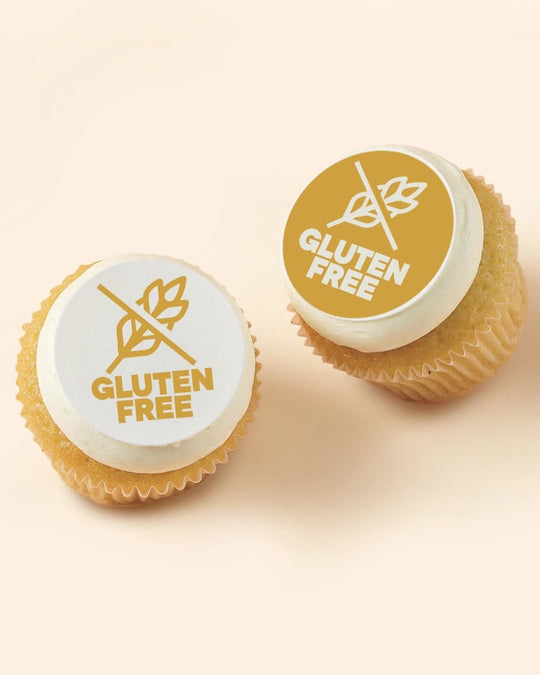 Gluten free branded cupcakes with custom gluten free edible logos. Melbourne delivery. 