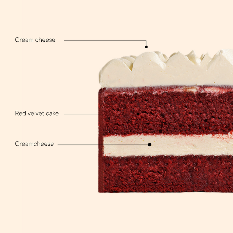 Red Velvet cake sliced in half to show the two layers of the red velvet cake and cream cheese frosting.
