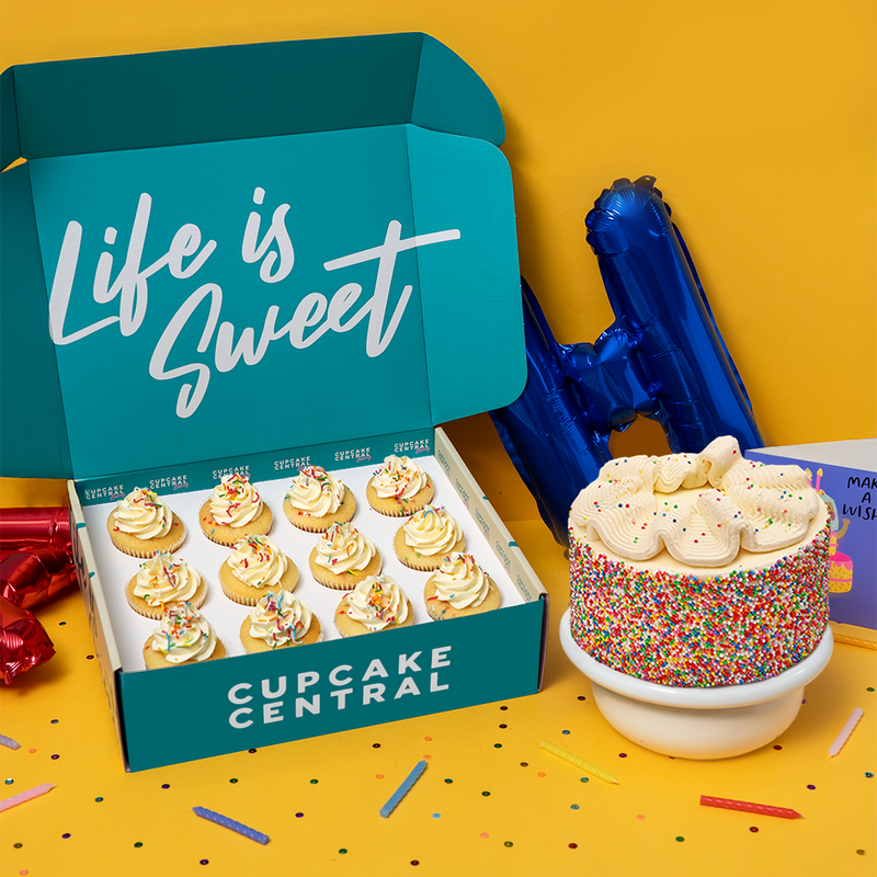 Vanilla Birthday cupcakes and Vanilla sprinkle birthday cake party bundle.