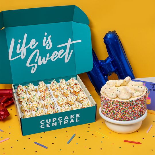Birthday cake and mini cupcake bundle. Perfect for birthday, corporate and catering events.