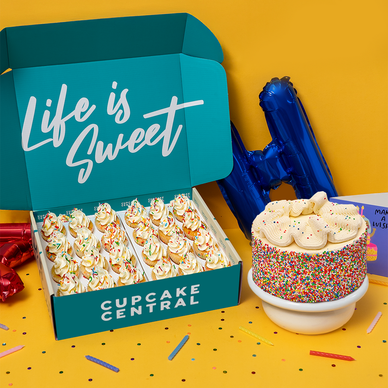 Birthday cake and mini cupcake bundle. Perfect for birthday, corporate and catering events.