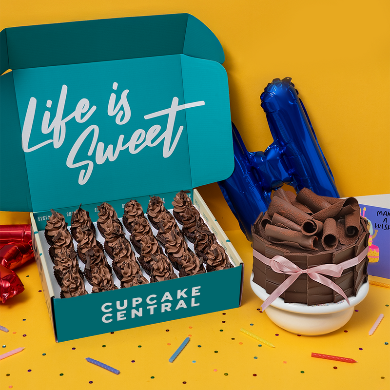Devils food chocolate cake and chocolate cupcake bundle. Perfect for birthday parties and event catering. Free delivery and next day delivery available.