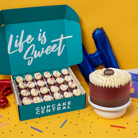 Red Velvet mini cupcakes and Red Velvet Cake birthday party bundle. Perfect for birthday and event catering. free delivery and next day delivery available