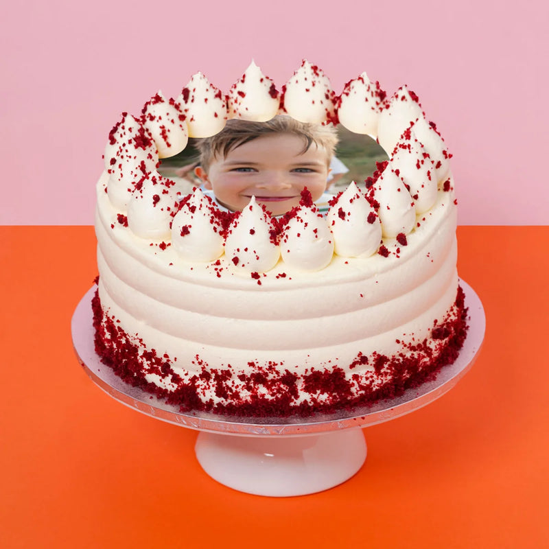 Red velvet Custom Photo Cake. Personalise with photo, branded company logo or superhero image.