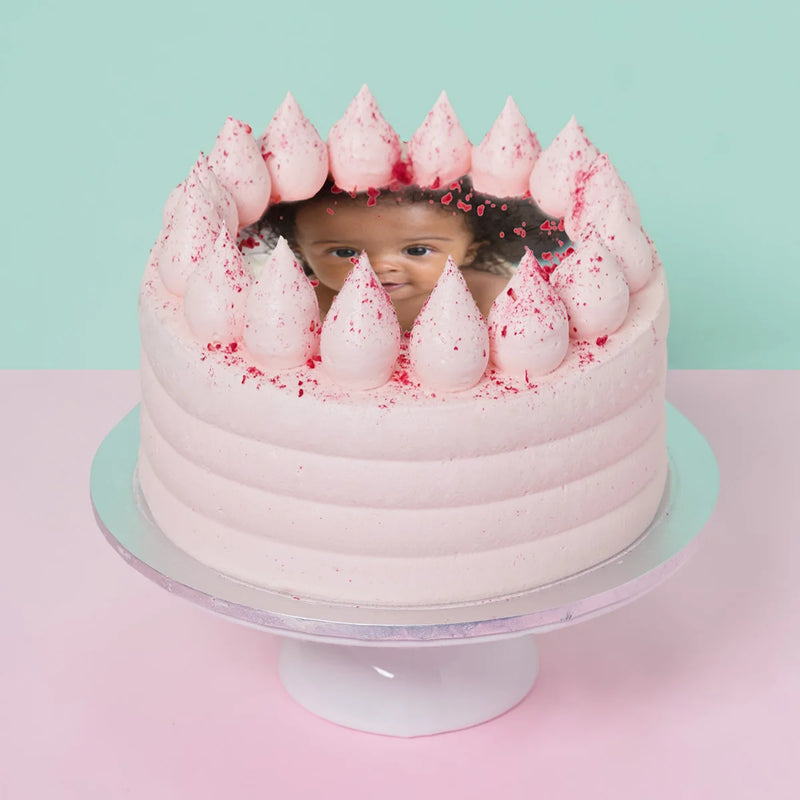 Pink Photo cake. Raspberry white chocolate cake with Custom edible image. Melbourne delivery available.