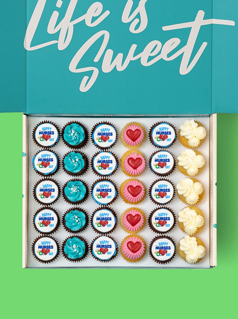 Vegan Nurse Day mini cupcakes. International Nurse day themed. Vanilla and Chocolate topped with coloured buttercream