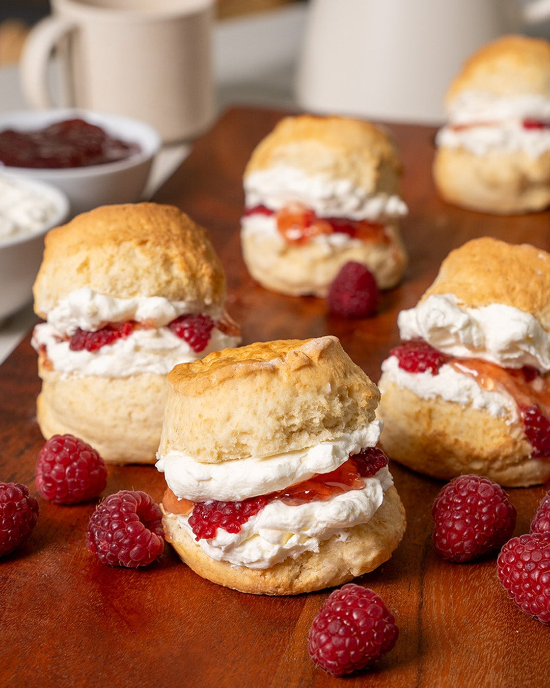 Scones for morning tea. Perfect for Corporate catering and catering meetings. Scones with sweet raspberry jam and Chantilly cream. Best scones in Melbourne.