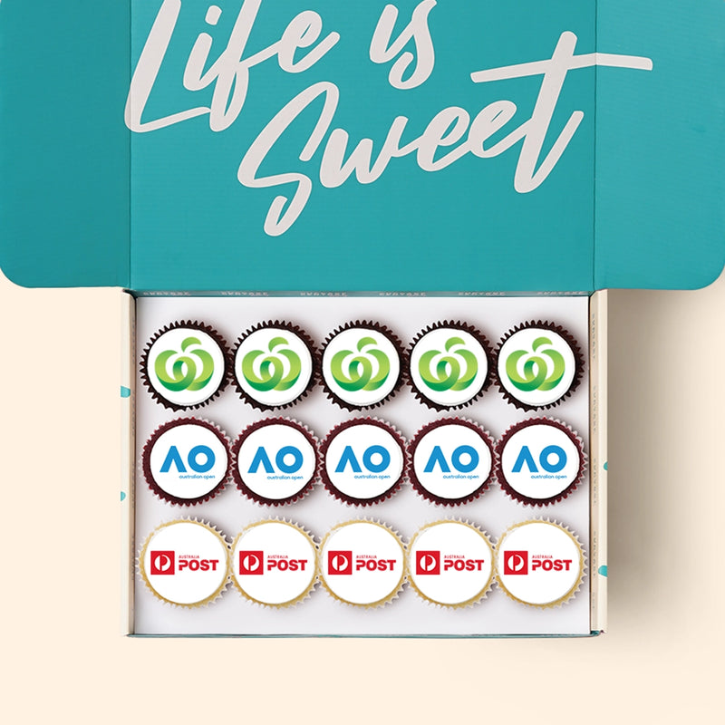Custom logo cupcake gift boxes for client gifts, birthdays and special occasions. Melbourne delivery.