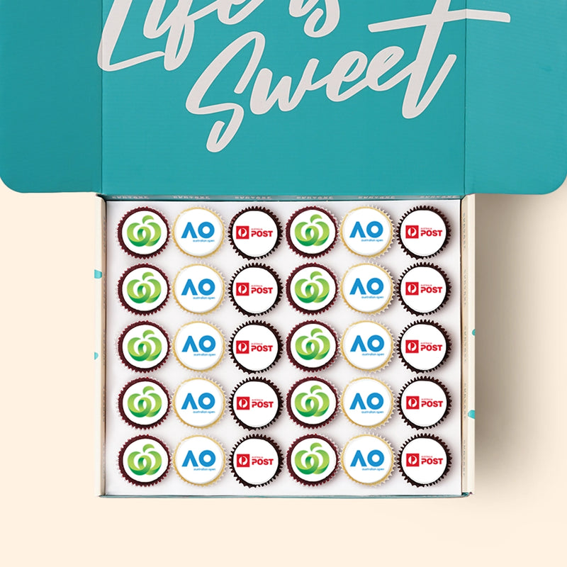 Branded mini cupcakes. Custom edible logos for promotions, corporate functions and client gifting.