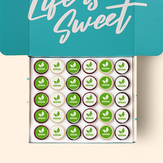 Bite size branded cupcakes with edible logo Melbourne delivery. Add your personalised photo, image or logo.