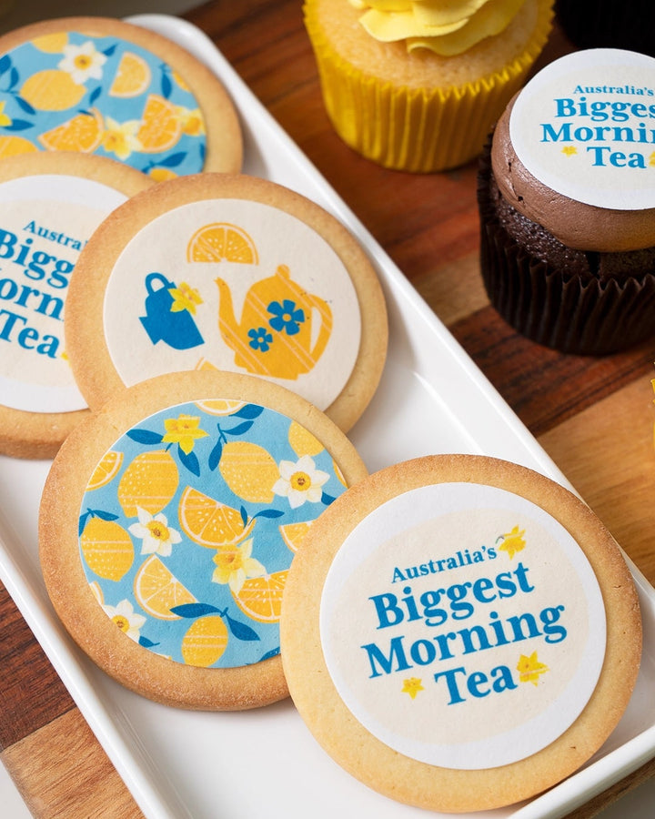Biggest Morning tea themed shortbread logo cookies for corporate catering Melbourne. 